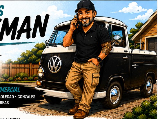 Illustrated King City handyman Eric beside a vintage Volkswagen work truck