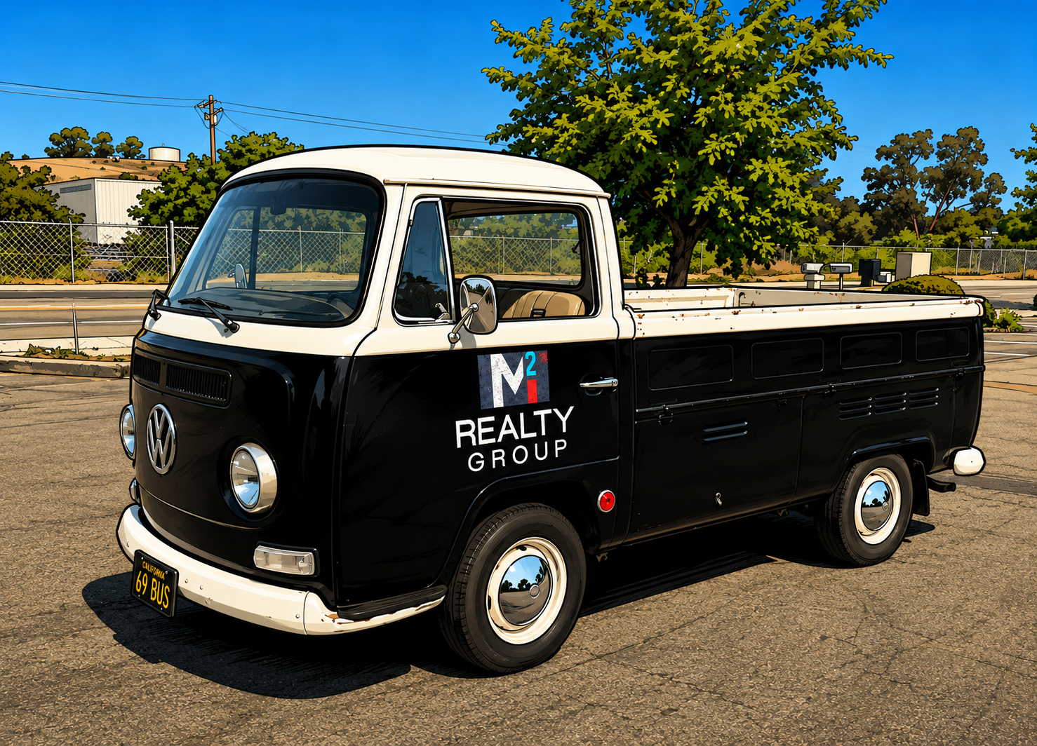Cartoon of Eric's black and white 1969 Volkswagen Bay Window single-cab pickup truck